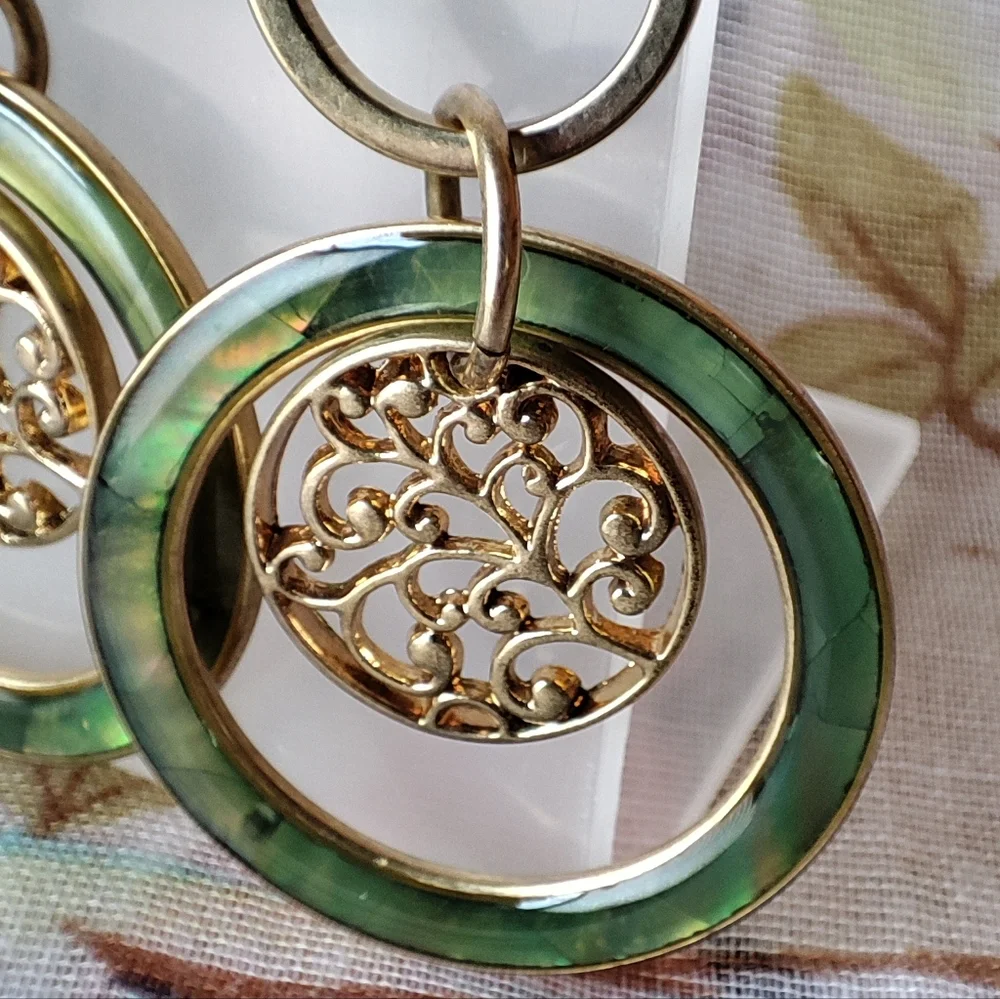 Lia Sophia Green Faux Abalone Brass Tone Pierced Earrings NOC LS Tree of Life
